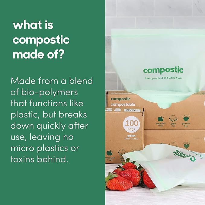 Compostic Compostable XL Sandwich Bags (100 Count) Everyday Essential — Resealable Zip-Seal, Plant-Based, Home Compostable, Freezer & Microwave Safe, BPA-Free, Non-Toxic, GMO-Free Food Storage Bag