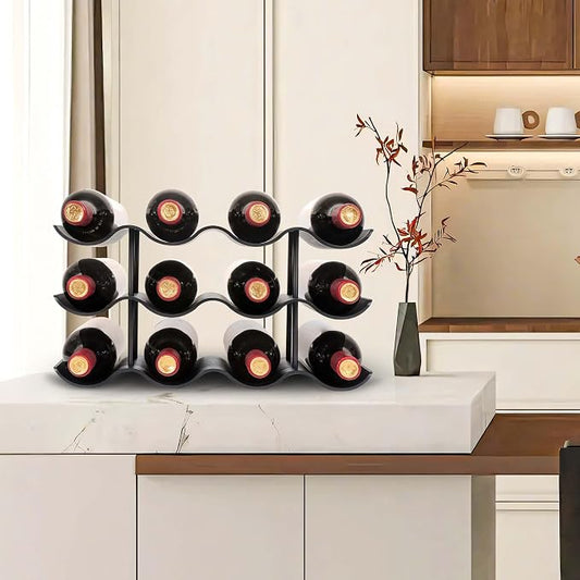 Countertop Wine Rack - 12 Bottle Freestanding Wine Bottle Holder Stand - 3 Tier Wooden Wine Storage Rack - Black Wavy Wine Organizer for Cabinet Pantry Home Kitchen Bar
