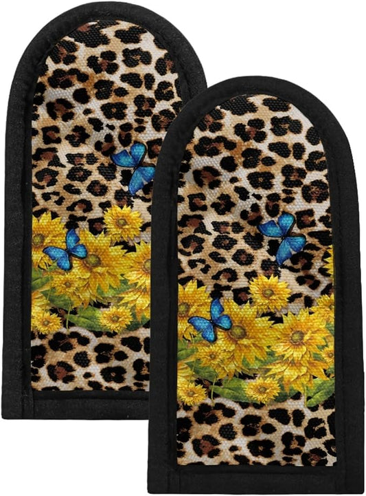 Coldinair Set of 2 Leopard Sunflower Butterfly Print Heat Resistant Cast Iron Hot Handle Covers Pot Pan Sleeves Mitt for Kitchen Cooking Baking
