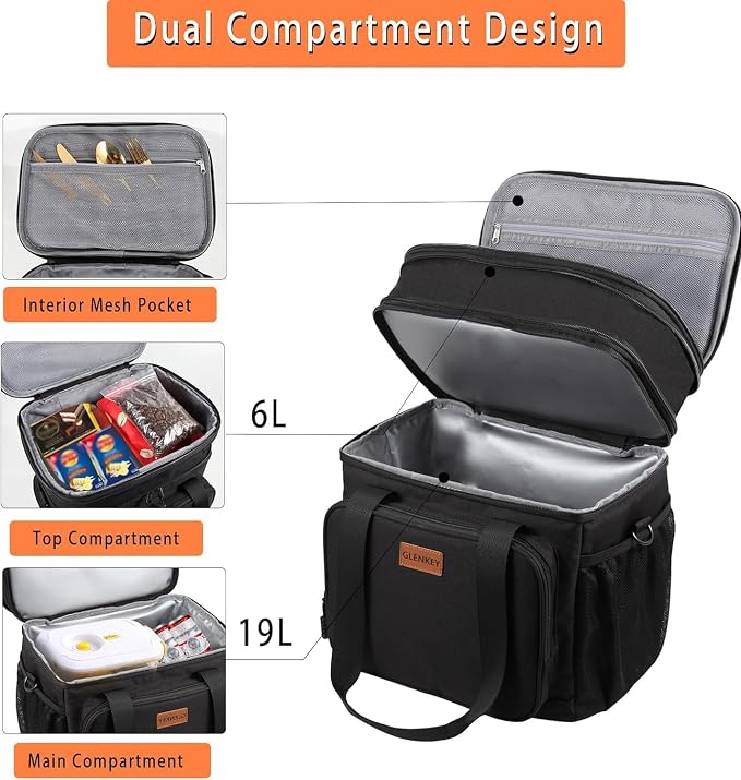 Expandable Lunch Box Cooler Bag - Insulated Soft Lunch Bag for Men Daily - Large Lunchbox for Adults Work Camping Outdoor Travel Black 22L