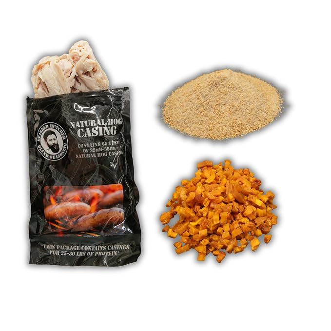 Bearded Butchers Southern Peach Bratwurst DIY Kit – Sweet & Savory Brats – Includes Maple Seasoning, Diced Peaches & 32mm-35mm Natural Hog Casings – Makes Up to 25 lbs Meat
