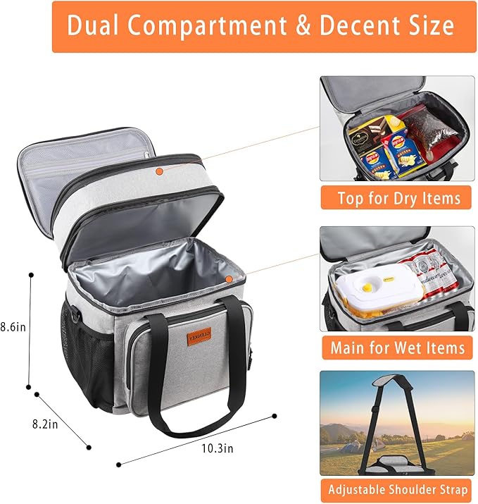 Expandable Lunch Box Cooler Bag - Insulated Soft Lunch Bag for Men Women - Large Lunchbox for Adults Work Camping Outdoor Travel Grey 16L
