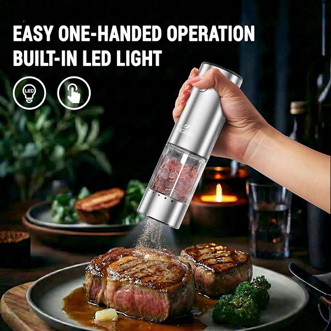 Electric Salt and Pepper Grinder Set, Automatic Pepper Mill Grinder w/Upgraded Charge Base and LED Light,Adjustable Coarseness (Upgraded version of transfer)