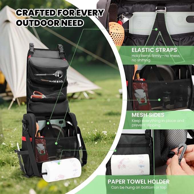 Camp Kitchen Organizer, Hanging Kitchen Utensil Storage Bag for Camping | Cooking Tool Storage Caddy with Paper Towel Holder & Multi-Pockets for Car Travel, Picnics & BBQ Essentials, Gift for Campers