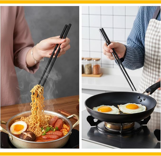 3 Pairs 12.6 Inches (32cm) Long Chopsticks, Black | Cooking Chopsticks Long Reusable Extended Chopstick For Cooking Japanese Chinese Extended Anti-Slip Chopstick For