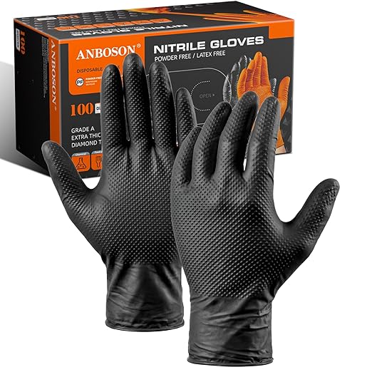 ANBOSON 10 Mil Heavy Duty Mechanic Nitrile Gloves, XLarge Black 100 Count | Diamond Grip,Latex Free,Chemical Resistant Disposable Thick Rubber Gloves for Auto Repair, Industrial, Food, Work ,BBQ,Men