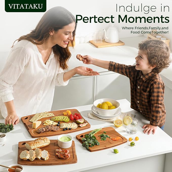 3-Piece Bamboo Cutting Boards for Kitchen with Wood Storage Stand | Reversible Charcuterie & Wooden Cutting Board Set with Juice Grooves and Easy-Grip Handles, Great Kitchen Gift
