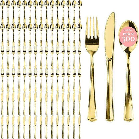 Prestee 300 ct Gold Plastic Silverware Set - Heavy Duty Disposable Cutlery - 100 Forks, 100 Spoons, 100 Knives - Elegant Gold Finish Utensils for Weddings, Parties, Holidays