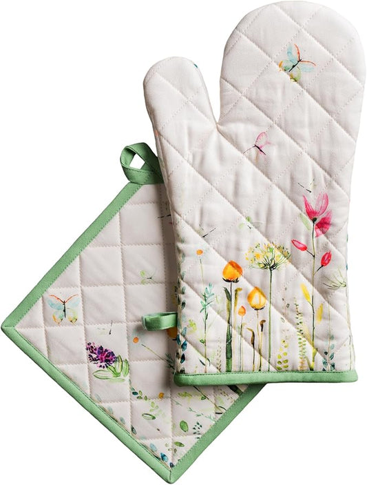 Maison d' Hermine 100% Cotton Oven Mitt & Pot Holder Set (7.5"x13" & 8"x8") | Heat Resistant BBQ Cooking Gloves with Loop Baking Grilling Kitchen Hotel Home Farmhouse Spring Summer - Botanical Fresh