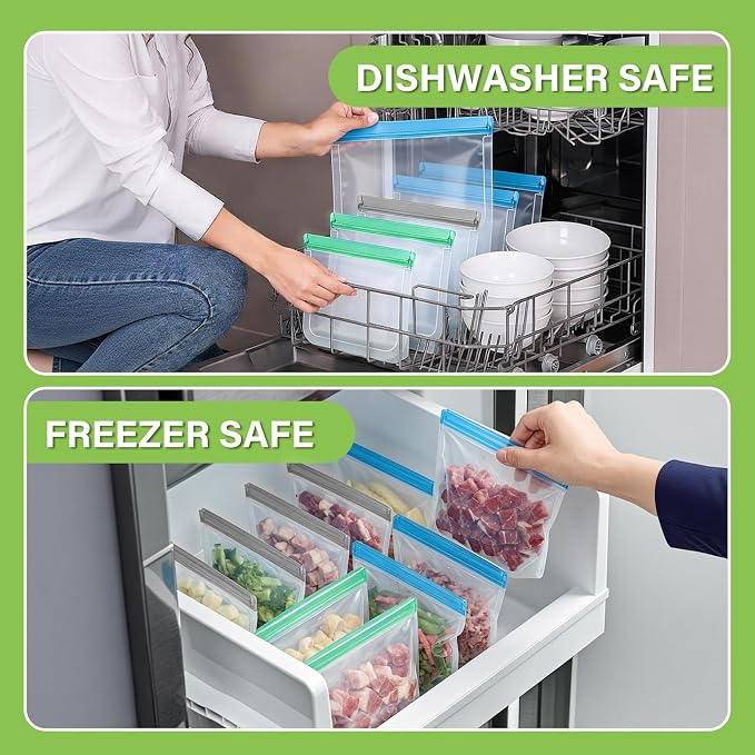 12Pack Reusable Freezer Bags Gallon Size, Silicone Lock Bags for Food Storage - Microwave & Dishwasher Safe, Leakproof Reusable Plastic Bags Ideal for Meal Prep, Leftovers, Snacks