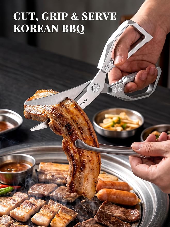 Korean BBQ Scissors Set with Tongs for Table-Side Meat Cutting & Sharing | Curved stainless steel scissors with a serrated inner edge and matching tongs for cooked meat; dishwasher safe