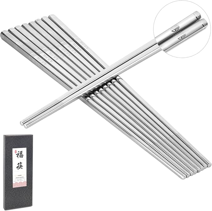 Premium 316L Stainless Steel Chopsticks Set (5 Pair silver) - Reusable Metal Chopsticks with Laser Etching, Elegant Gift Box, Dishwasher Safe