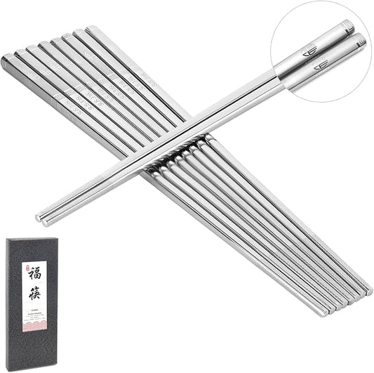 Premium 316L Stainless Steel Chopsticks Set (5 Pair silver) - Reusable Metal Chopsticks with Laser Etching, Elegant Gift Box, Dishwasher Safe