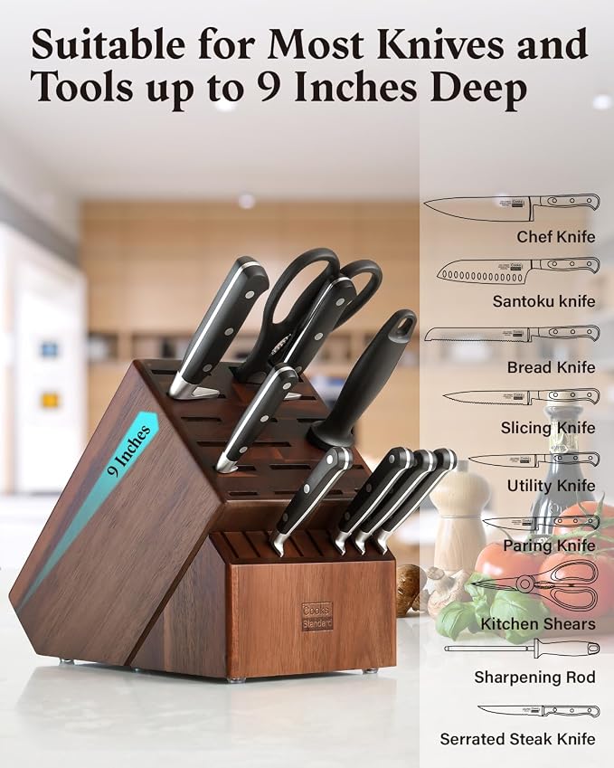 Cooks Standard Cutlery Block Holder without Knives, X-Large Universal Countertop Butcher Block Kitchen Knife Stand for Easy Kitchen Storage, Made of Natural Acacia Wood, 25 Slot