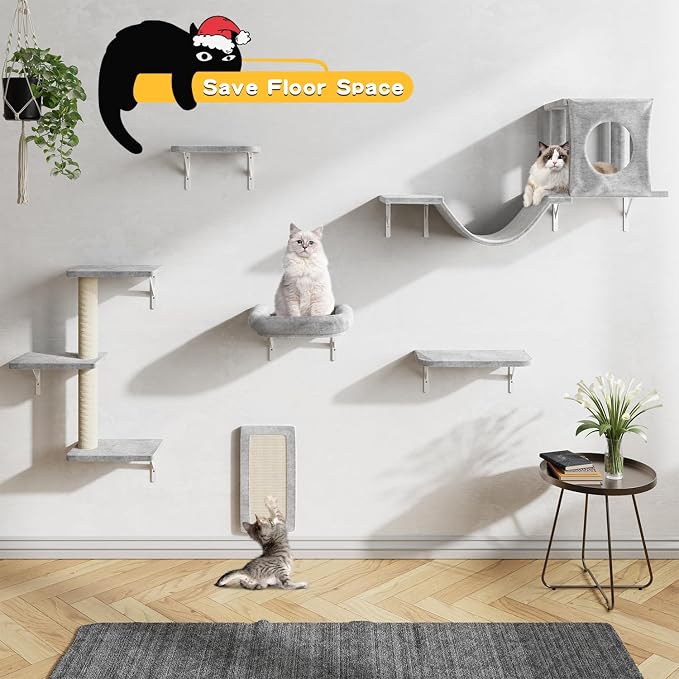NUNU LAB Cat Wall Shelves, 6 Pcs Luxury Wall-Mounted Cat Climber Set, Indoor Cat Furniture with 1 Condos House, 2 Cat Wall Shelves, 1 Scratching, 1 Bridge Ladder, 1 Scratching Pad, Light Grey