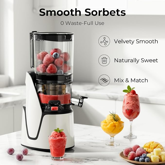 EanOruus Juicer Machines, 3-in-1 Cold Press Juicer, Bright White | Makes Juice, Nut Milk & Sorbet, 6.5" Extra Large Chute, 100oz Large Capacity, AC Motor