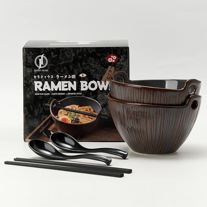 Ramen Bowl with Chopsticks and Spoons Set, 7 Inch Ceramic Noodle Bowl Set of 2, Dishwasher Safe for Pho Udon Soba Noodle Salad Pasta, Special Reactive Glazed Bowls Set, Amethyst Veil