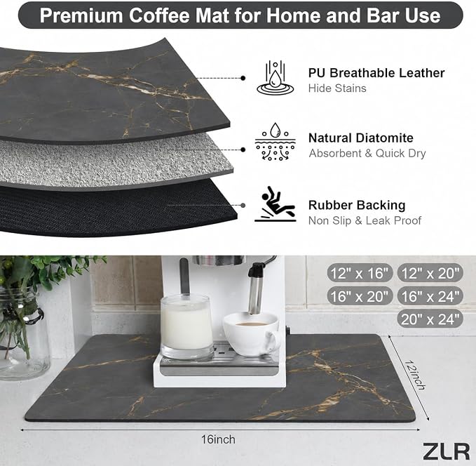 ZLR Coffee Bar Mat for Keurig & Nespresso, 12"x16" Small, Marble Gray | Absorbent Dish Drying Mat, Stain-Hiding PU Leather Top, Non-Slip Rubber Back, Heat-Resistant, Fits Frother & Pour-Over