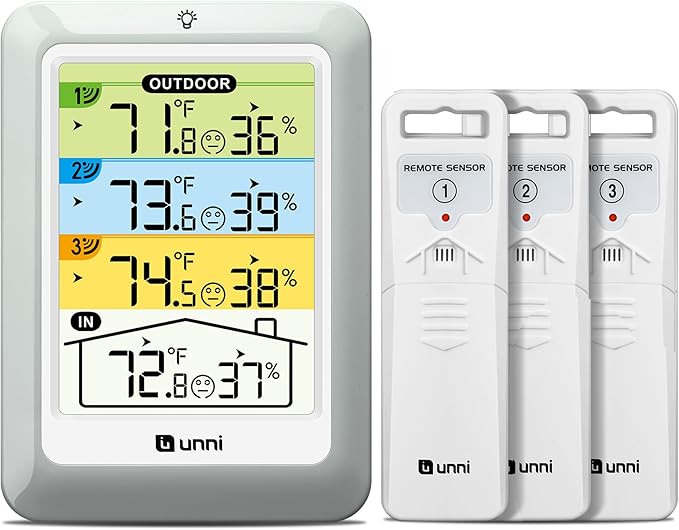 Indoor Outdoor Thermometer Wireless 4.5 Inch Display Digital Hygrometer | Temperature Humidity Monitor with 330ft Range Sensor and Adjustable Backlight with 3 Sensors (Colorful)