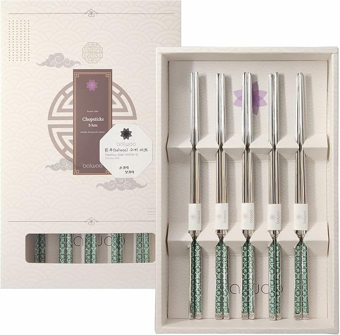 Chopsticks [Made in Korea][5 Sets] 430 Premium Stainless Steel Chopsticks, Mukbang Kitchen Utensil, Cutlery Silverware Stainless Tableware (Goryeo Celadon Blue)
