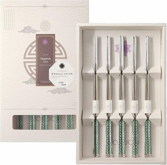 Chopsticks [Made in Korea][5 Sets] 430 Premium Stainless Steel Chopsticks, Mukbang Kitchen Utensil, Cutlery Silverware Stainless Tableware (Goryeo Celadon Blue)