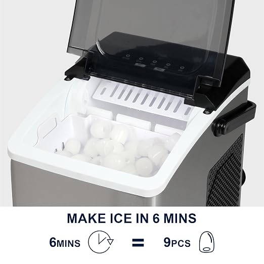 Kenmore Countertop Ice Maker – Maquina para Hacer Hielo en Casa, Nugget Ice Maker Makes 9 Pebble in 6 Mins, Portable Self‑Cleaning Ice Machine, 26 Lbs/Day, Stainless Steel