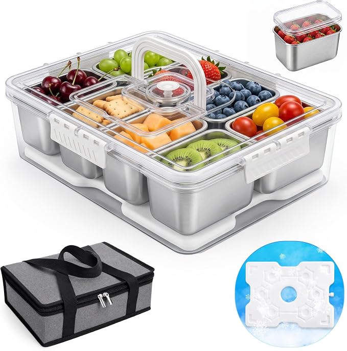 Homelove Snackle Box Container with Ice-Pack, Snack Container Divided Serving Tray with 8-Compartment Snack Platter, Lid and Handle, Food Organizer for Outdoor Travel Party Beach Picnic