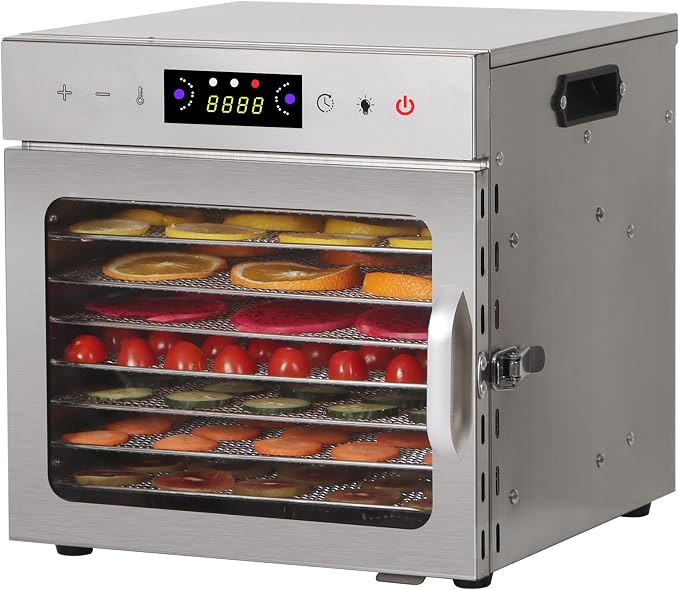 Panana Food Dehydrator for Jerky, Fruit, Meat, Beef, Herbs, 6/8/12/18-Tray Full Stainless Steel Dehydrator Machine, LED Display, Adjustable Timer, Temperature Control, Overheat Protection (8-Trays)
