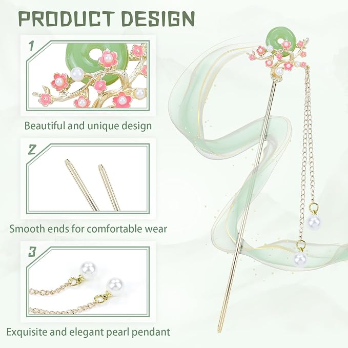 inSowni 8 Pieces Retro Asian Chinese Traditional Hanfu Gold Metal Artificial Jade Bamboo Flower Butterfly Hair Pins with Pearl Bead Pendants Long Hair Sticks Forks Bun Updo Hairpins for Women Girls