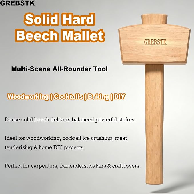 GREBSTK Unfinished Solid Beech Wood Mallet for Home Bartending & Workshop | Unfinished Natural Wood, Sweat-Absorbing Non-Slip Grip, Raw Tactile Texture, No Varnish or Oil, Precise Control for Tasks