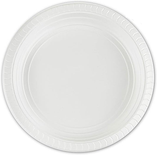 PLASTICPRO 7 inch Round Plastic Plates Microwaveable, Disposable, White, Dinnerware 100 Count