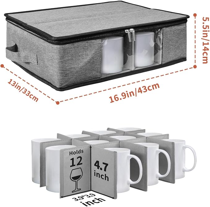 Coffee Cup Storage Organizer, Mug Boxes with Dividers, Stackable & Hard Shell China Mug Boxes with Sturdy Handle, Tea Cup Storage Holds 12 Mug or Glass Cup