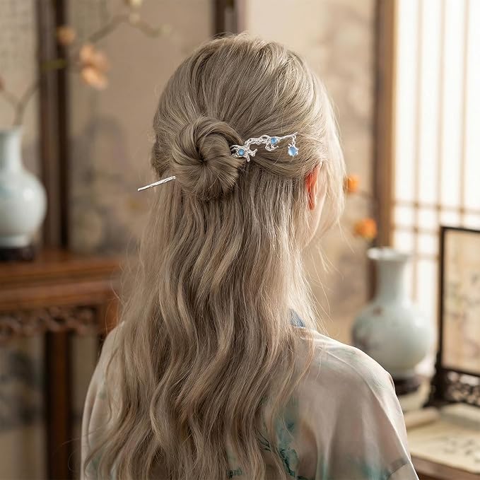 8 Pcs Star Moon Hair Sticks Chinese Hanfu Asian Hair Chopsticks Metal Silver Hair Bun Updo Holders for Women Accessories Long Hair