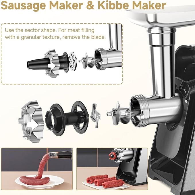 AAOBOSI 3-IN-1 Electric Meat Grinder, 3000W Max Sausage & Kibbe Maker | Non-Clogging with Auto-Reverse for Jam-Free Grinding, Easy Accessory Storage, Copper Motor, 5 lbs/min Fast Meal Prep