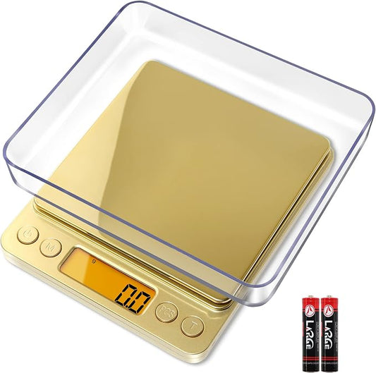 Fuzion Small Gram Scale 3000g, Digital Kitchen Food Scale, Gram and Ounce | Gold Titanium Mirror Finish, 0.1g Accuracy, 6 Modes, 2 Trays Included, Tare, Piece Counting, For Food, Coffee, Coins, Herb
