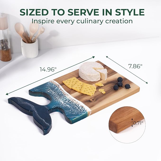 Whale Tail Serving Board, 15"x 7.9" Acacia Wood Ocean Resin Art Charcuterie Cheese Tray for Meal Prep, Fruit or Meat Display, Cutting Board on Back, Unique Gift for Women, Housewarming Gift