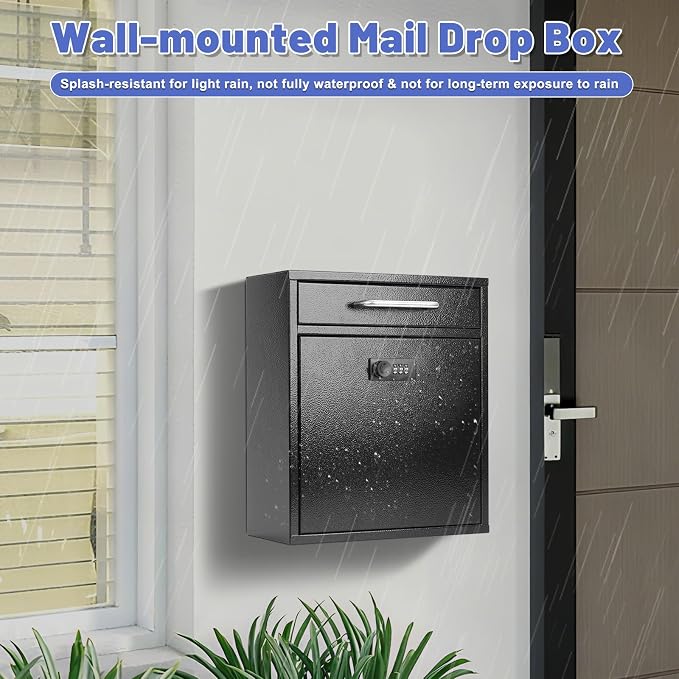 KYODOLED Wall Mount Mailbox for Outside, Combination Lock, Large, Black | Sturdy Steel, Anti-theft Large Drop Box, Ideal for Home, Office, School Daily Mail/Key/Cash Storage, 12H" x 10.5L" x 4.6W"