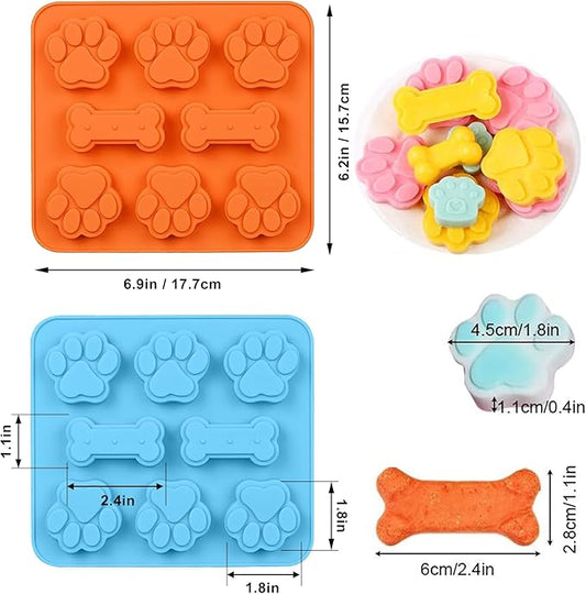 Silicone Molds Puppy Dog Paw & Bone Shaped 2 in 1 and Stainless Steel Cookie Cutter,for Homemade Treats Cat Animal Ice Candy Chocolate Baking Mold(Blue&Green&Orange) (Blue&Green&Orange)