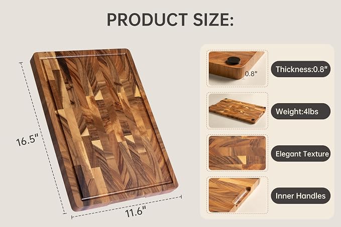 Walnut Cutting Board for Kitchen, Wooden Cutting Boards | End Grain Cutting Board with Juice Groove & Handles, 16.5", natural oil finish, non-slip feet,rounded edges, gift box