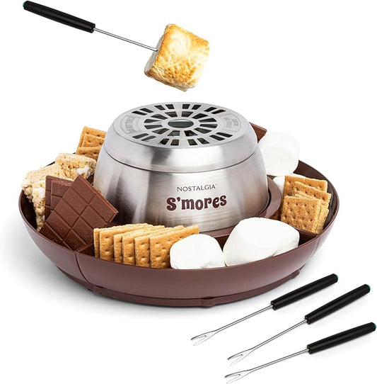 Nostalgia Tabletop Indoor Electric S'mores Maker - Smores Kit With Marshmallow Roasting Sticks and 4 Tray Lazy Susan for Graham Crackers, Chocolate, and Marshmallows - Movie Night Supplies - Brown