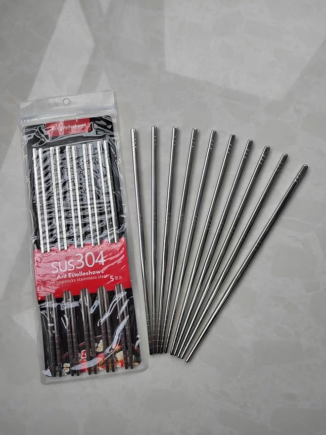 5 Pairs Metal Chopsticks, Stainless Steel Chopsticks Set, Reusable, Lightweight 304 Non-Slip Chop Sticks, Dishwasher Safe, Japanese Korean for Cooking, 8.9 Inch, Silver