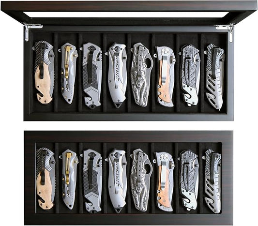 Knife Display Case Organizer storage 8 pocket knives, Folding Knife Holder with Real Glass Window Top， Pocket knife collection box for men gift (Ebony Veneer 8 slot)