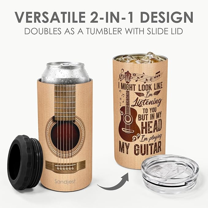 Guitar Can Cooler 12oz - Travel Mug Cup - Stainless Steel Insulated for Men Women - Tumbler Cans Koozie, Beach Gift for Summer Vacation, Christmas, Birthday