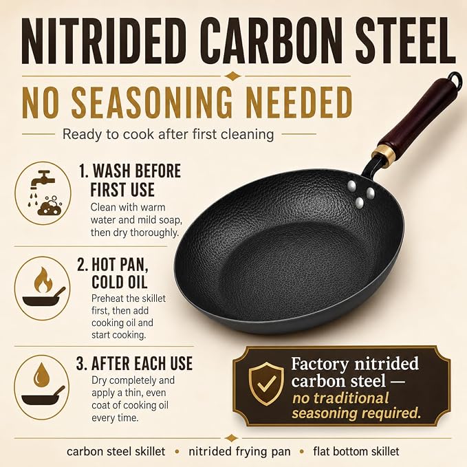 Calmabode 10.5" Hand Hammered Carbon Steel Skillet for Searing | Uncoated surface; removable handle for oven use, smoother food release with seasoning, and compatibility with all stovetops.