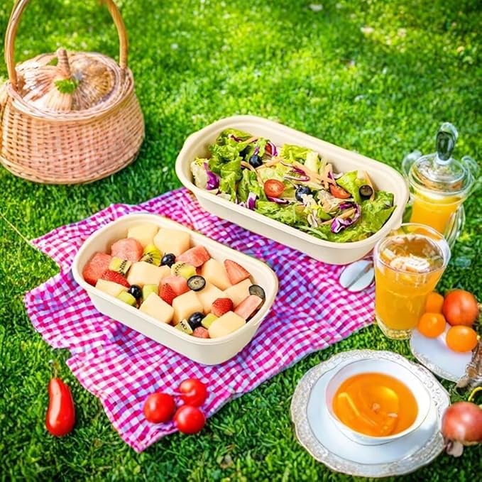 Aksipo 50 Pack 29 Oz Disposable Food Containers with Lids, Compostable Meal Prep Containers with Lids, Leak-proof To Go Food Box Cardboard Take Out Lunch Box Rectangle Paper Bowls for Salad,Leftovers