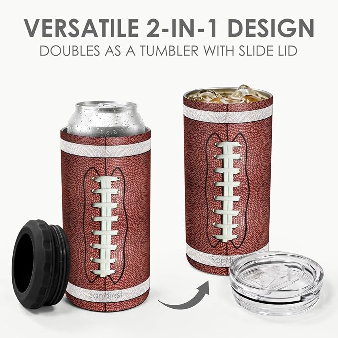 Football Can Cooler 12oz - Travel Mug Cups - Stainless Steel Insulated for Men Women Players - Tumbler Cans Koozie, Sport Gift for Fan Coach Lovers