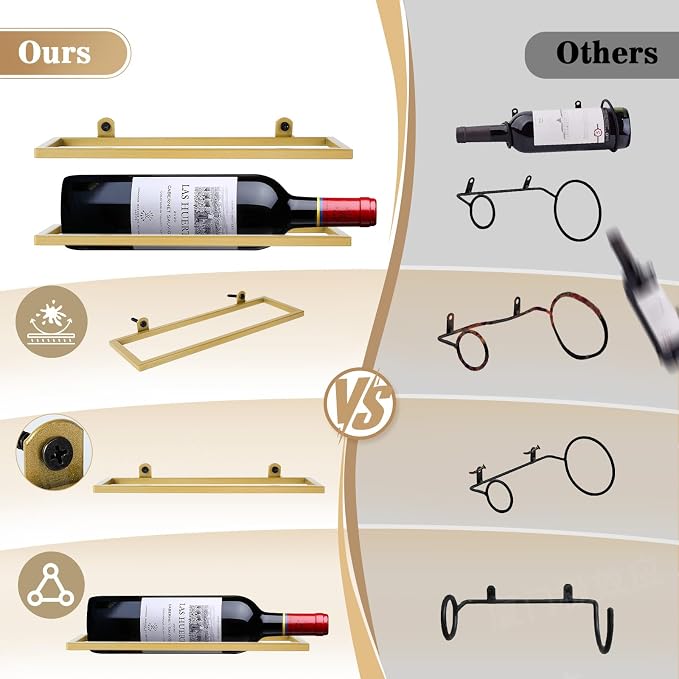 6-Shelf Metal Wall Mounted Wine Rack - Hanging Wine Bottle Holder Organizer for Kitchen, Bar, Home Storage - 6PCS Iron Wine Bottle Display Stand (6PCS-Gold)