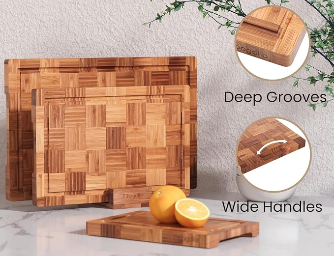 Fibogollo Set of 3 Bamboo Kitchen Cutting Boards with Juice Groove | Chopping Boards Set,End Grain Bamboo Butcher Block with Storage Stand,Serving Board and Charcuterie with Holder