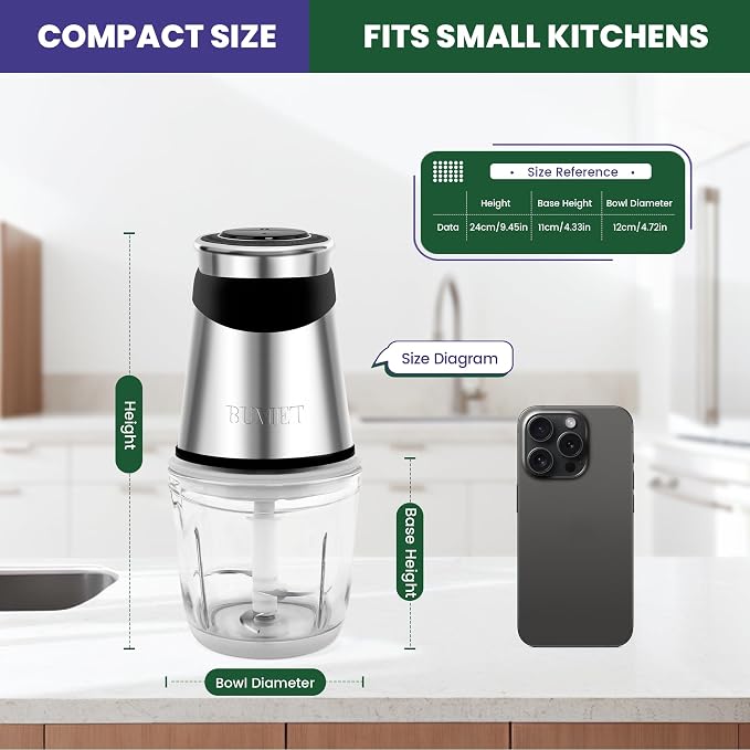 BUMET 500W Mini Chopper 2.5-Cup Glass Bowl Steel Blades | stainless steel blade and BPA free great for Small-batch chopper for meat, veggies & baby food. Compact & easy-clean.