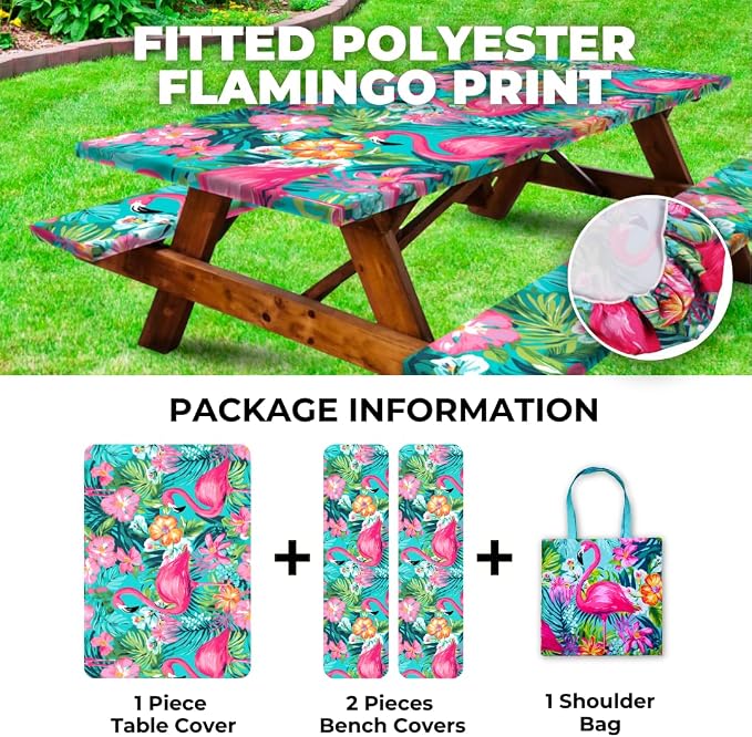 6ft Polyester Picnic Table Cover with Bench Covers Tablecloth Flamingo | Polyester Picnic Table Cover Windproof & Waterproof, Perfect for Camping Gifts & RV Essentials, Cool Camping Gadgets with bag